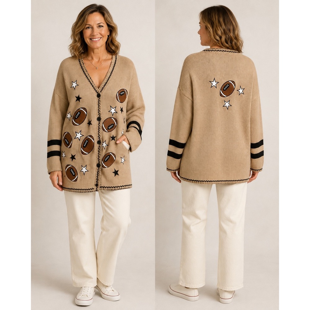 Mandal Bay Women XXL Football Star Cardigan Sweater Tan Ramie Wool Blend Vintage